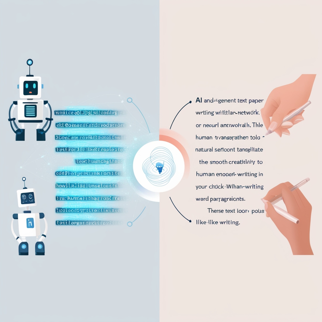 Advanced AI system analyzing and rewriting robotic text into natural language using neural network technology for human-like expression.